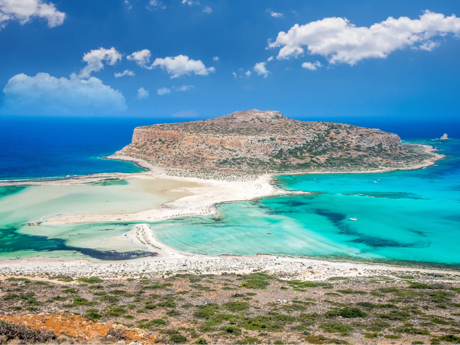 Balos, Crete, one of the best beaches in Greece, as viewed from the air on a sunny day