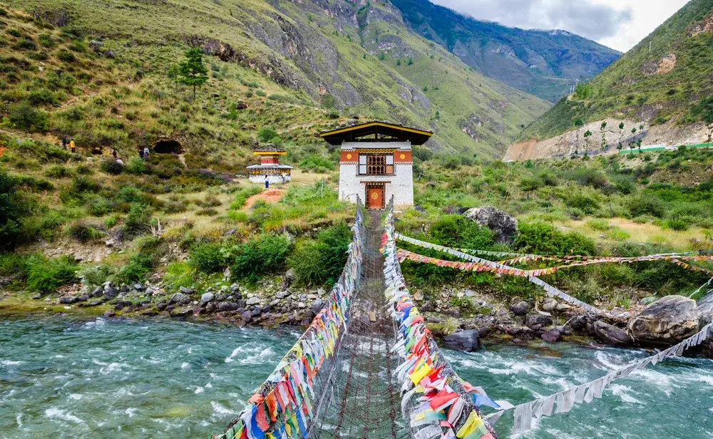 Image of the Iron Chain Bridge in Tamchog Lhakhang Monastery during the worst time to visit Bhutan