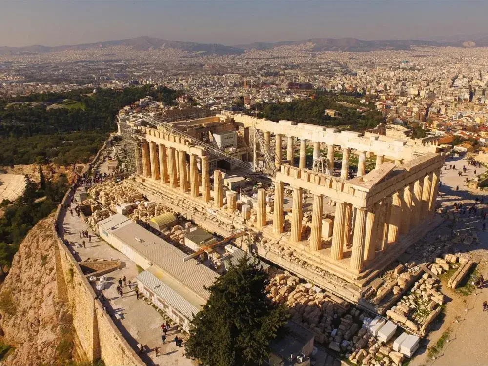 Parthenon at the Acropolis of Athens, one of the best things to do in Greece, as seen in an aerial photo