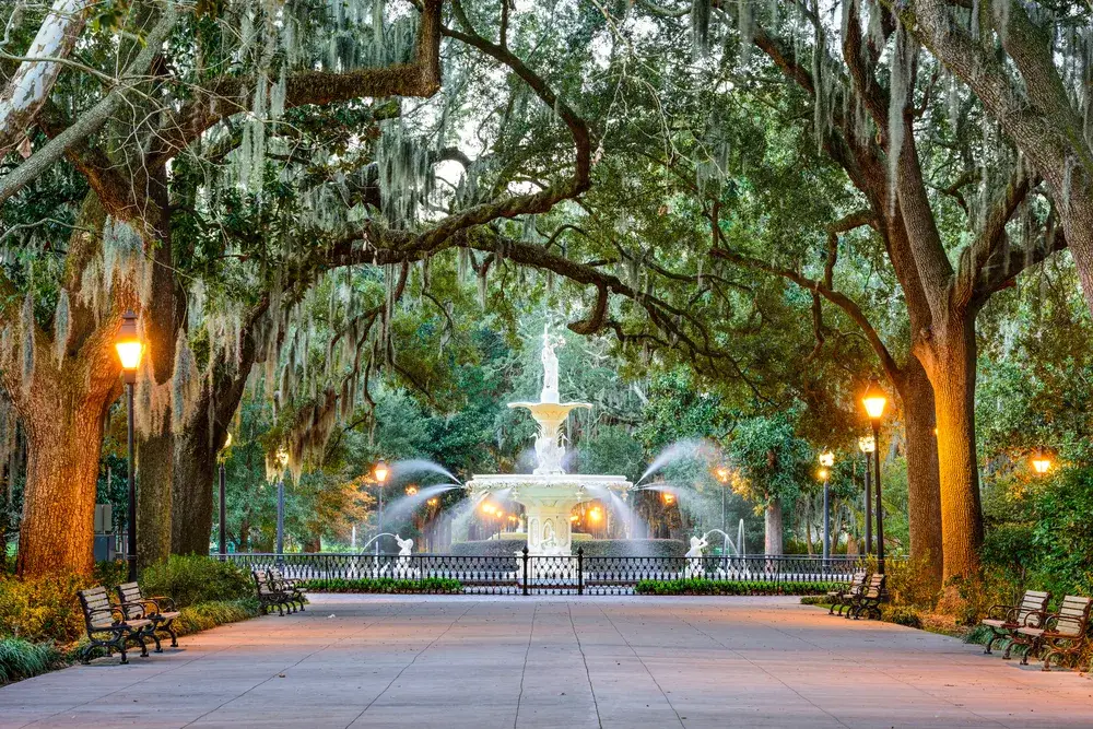 Fountain in Forsyth Park in Savannah with gorgeous trees making a walkway above the path