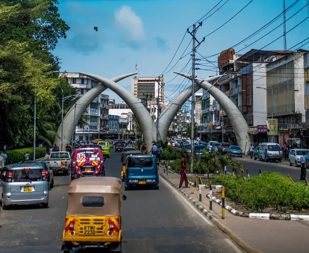 Photo of the street with large sculptures over the road pictured in Mombasa for a piece on whether Kenya is safe to visit