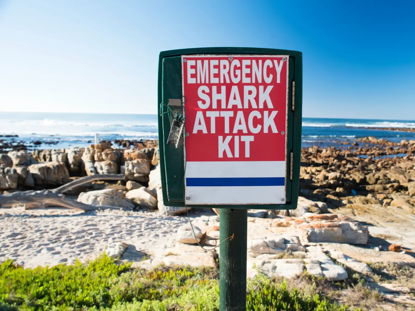 An Emergency Shark Attack Kit on the rocky shores of South Africa.