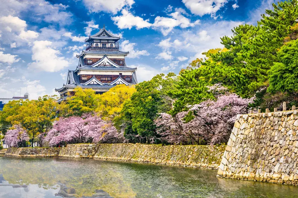 Cherry blossoms in spring, as seen outside of the walled castle of Hiroshima Castle
