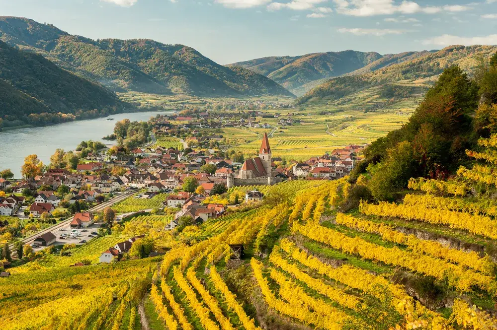 Idyllic little town of Wachau in autumn, pictured with green hills rolling indefinitely, for a piece on the best places to visit in Austria