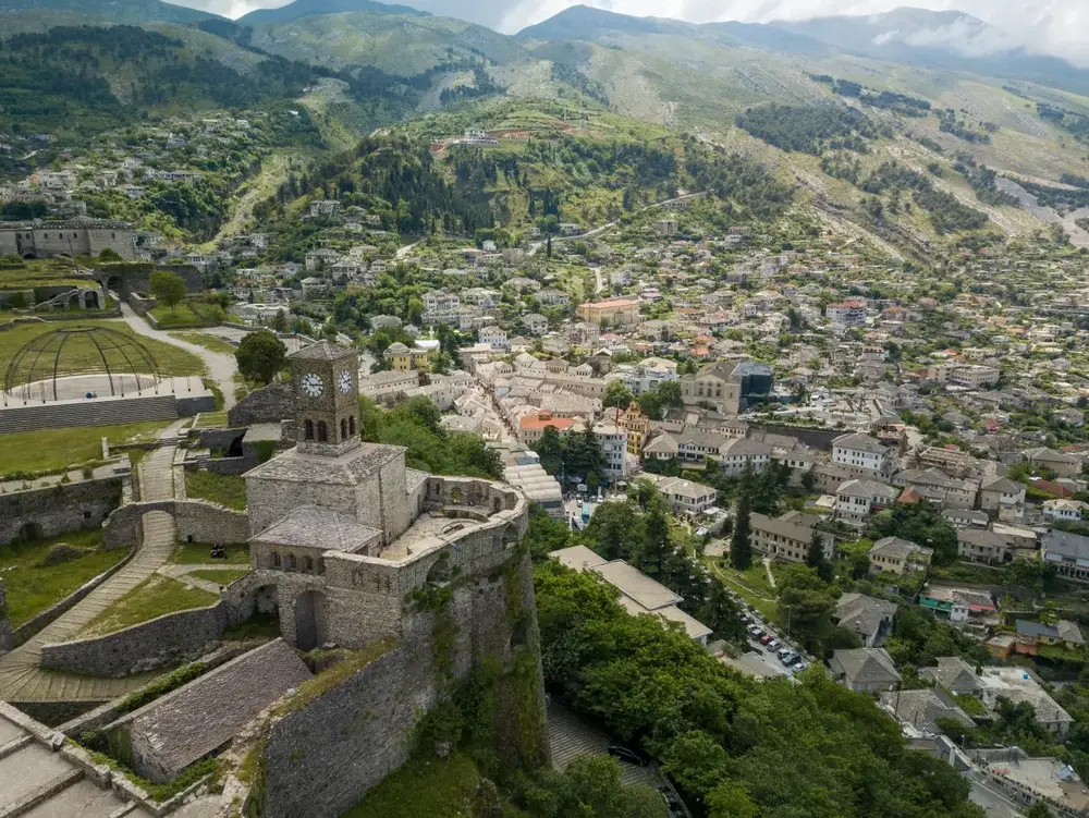 Aerial view of Gjirokastra City castle and ruins in south Albania as a reason why you should visit Albania