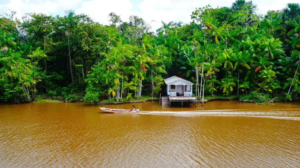 Murky and muddy water pictured from above with a hut and an open-bow boat driving by it, as seen during the worst time to visit the Amazon