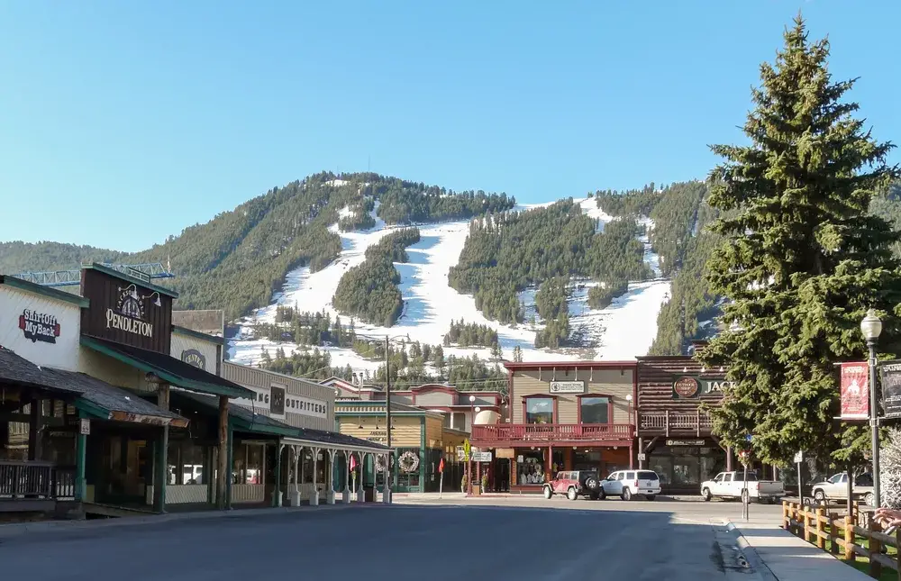 Jackson Hole pictured from the middle of the downtown area looking up toward the top of the ski slopes