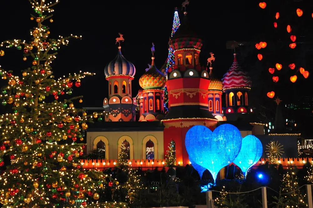 Christmas decorations and lights at Tivoli Gardens during the cheapest time to visit Copenhagen