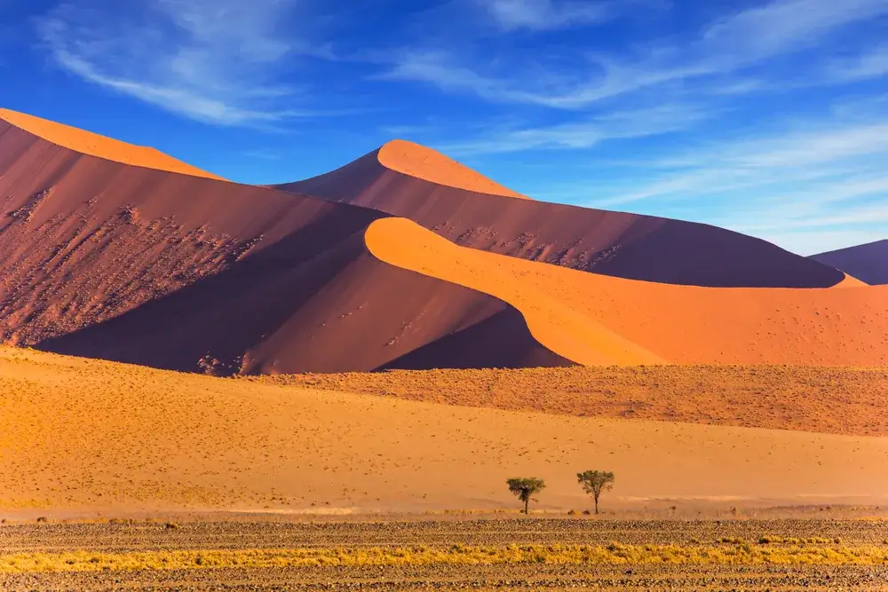Namib-Naukluft National Park at sunset showing the copper sand dunes against a blue sky as one of the best spots for a honeymoon in Africa