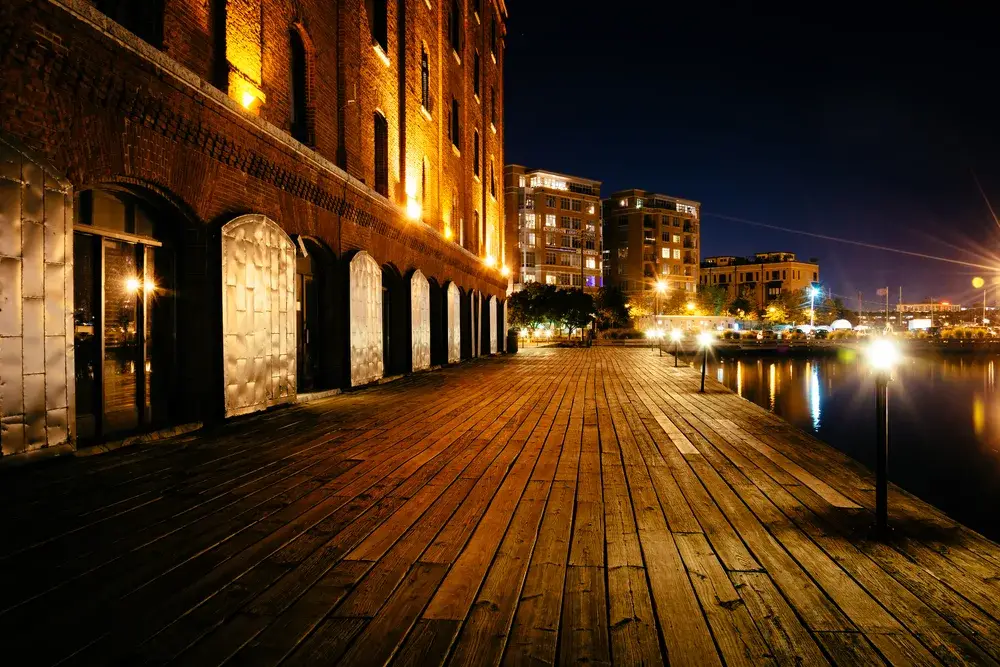 Night shot of Henderson's Wharf on the waterfront