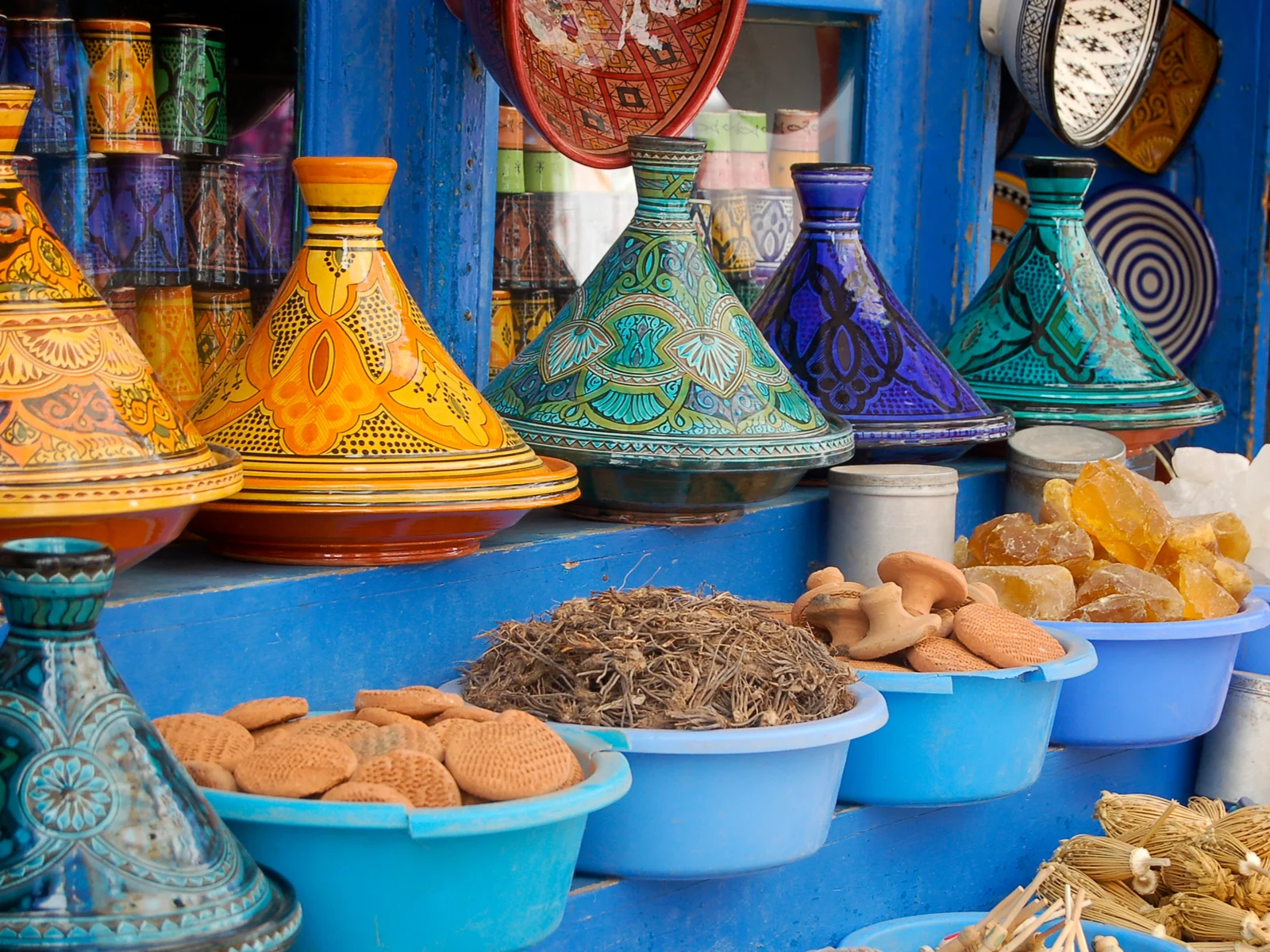 Tangine plates pictured in a Moroccan market