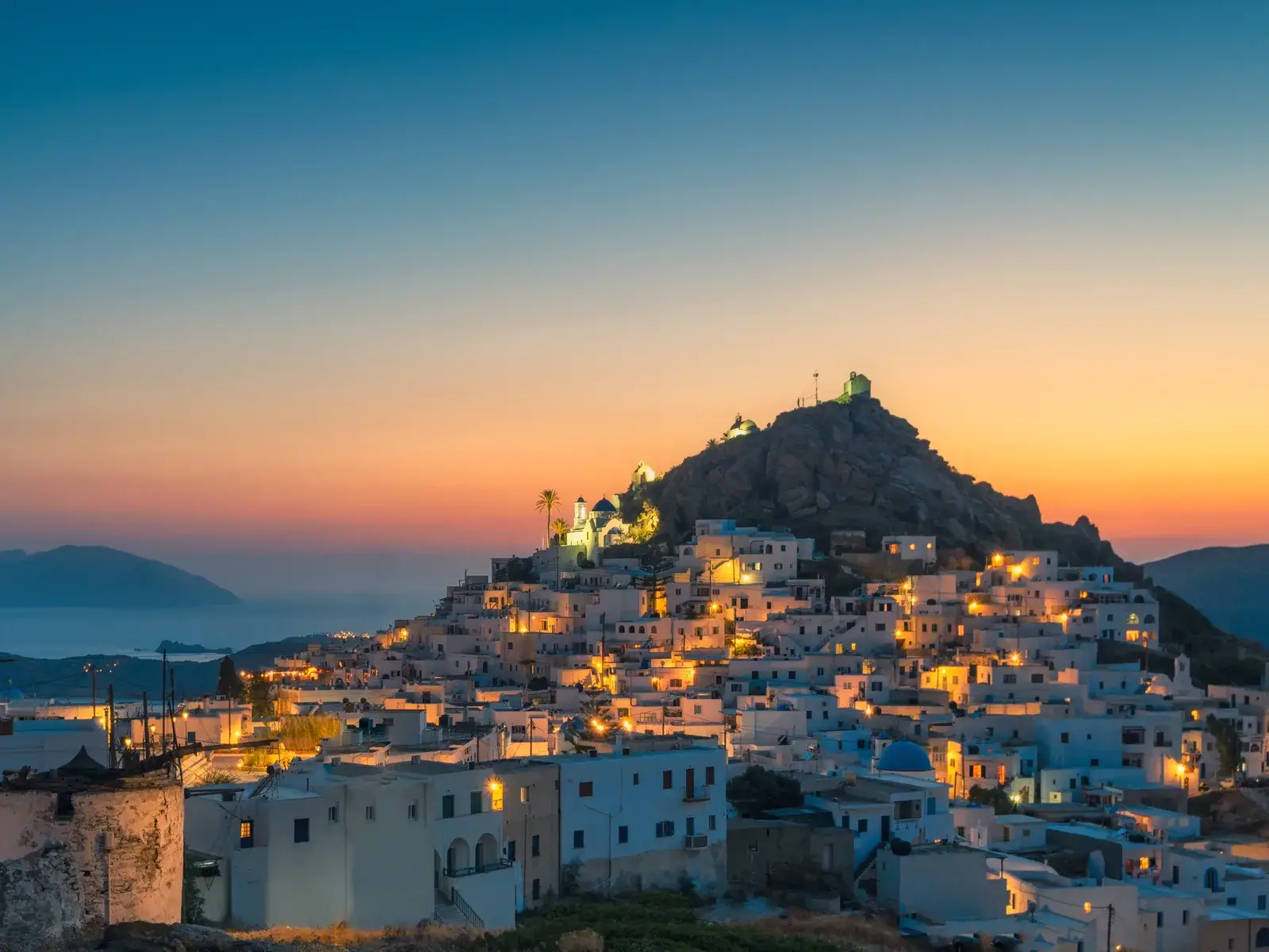 The lovey Chora Village at dusk in Ios island, one of the best islands in Greece to visit